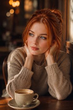 Woman with red hair and blue eyes in a knitted sweater, sitting with a coffee cup