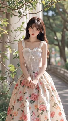 Illustration of a woman in a floral dress outdoors with soft lighting