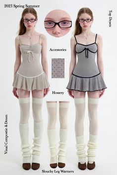 Two models in mini dresses and leg warmers on a white background