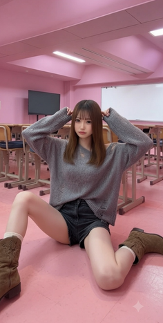 Woman in a distressed sweater and denim shorts posing on a pink floor