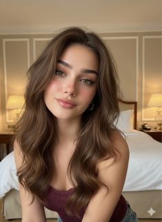 Woman with long brown hair and green eyes in a bedroom setting