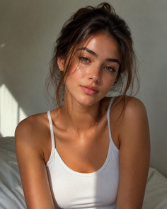 Woman with a messy bun and freckles wearing a white tank top in soft indoor lighting