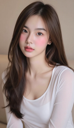 Woman with long brown hair and pink blush wearing a sheer white top