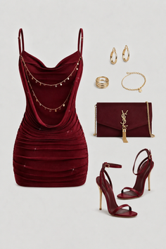 Red mini dress with gold accessories and high heels on a white background