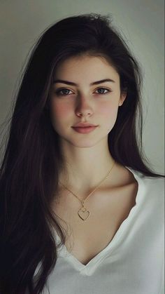 Woman with long dark hair wearing a heart necklace and white shirt