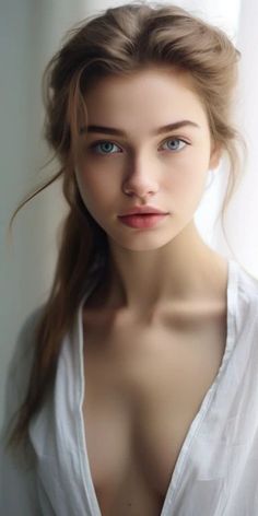 Woman with blue eyes and long hair wearing an open white shirt