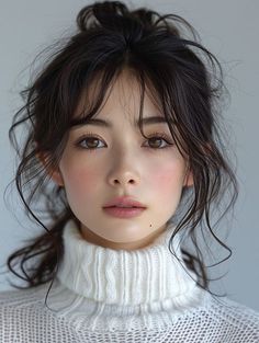 Woman with dark hair in a messy bun wearing a white turtleneck