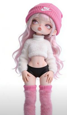 3D render of a character with pink hair, wearing a crop top and shorts