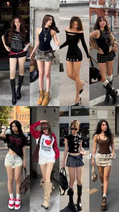 Multiple women posing in various street style outfits with exposed skin