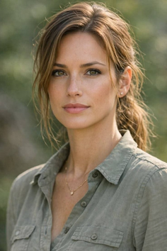 Woman with green eyes and freckles wearing a collared shirt outdoors