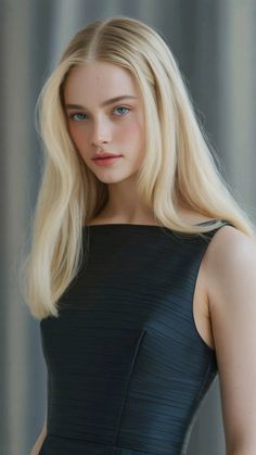 Woman with long blonde hair and blue eyes wearing a black dress