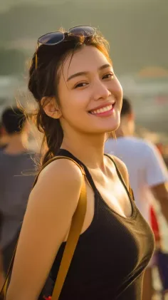 Woman in a black tank top with sunglasses on her head, smiling outdoors