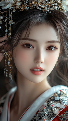 Woman with an ornate headpiece and traditional clothing in a soft lighting portrait