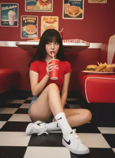 Woman in a red shirt and denim shorts sitting on a checkered floor in a diner