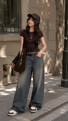 Woman in a baseball cap and baggy jeans standing on a street
