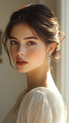 Woman with an updo hairstyle and sparkling dress in soft, warm lighting