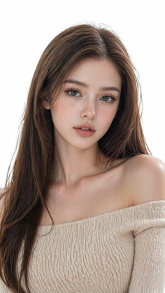Woman with long brown hair wearing an off-shoulder top