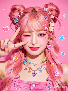 Woman with pink hair and space buns winking, adorned with colorful jewelry