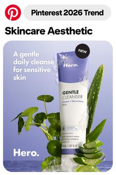 Skincare cleanser bottle with aloe vera and centella asiatica on a purple background