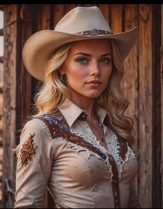 Woman in a cowboy hat and western shirt against a wooden background