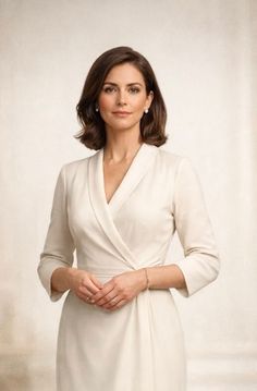 Woman with short brown hair wearing a white dress and pearl earrings