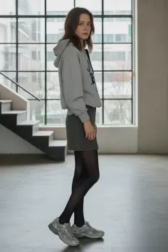 Woman in a grey hoodie, mini skirt, and black tights standing indoors