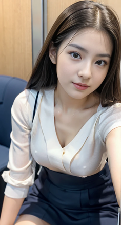 Woman with long hair wearing a white shirt and dark skirt indoors