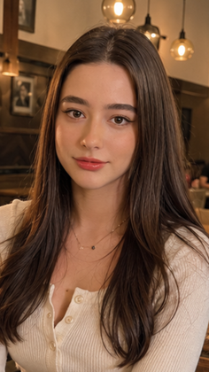 Woman with long brown hair and jewelry in an indoor setting