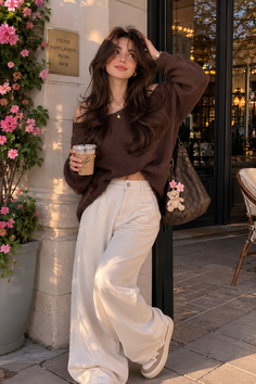 Woman in a brown sweater and wide leg pants holding a drink outdoors