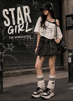 Woman in Y2K streetstyle outfit with a denim skirt and leg warmers