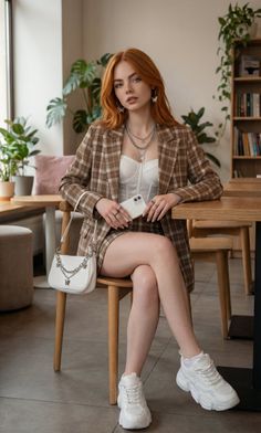 Woman with red hair in a plaid suit and white corset top sitting indoors