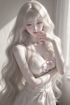 Woman with long white hair and purple eyes in a white dress with a pink bow