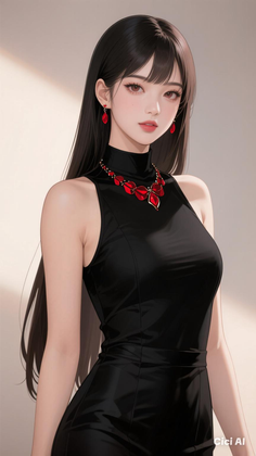 Anime style woman with long black hair wearing a black dress and red jewelry