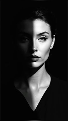 Black and white portrait of a woman with dramatic lighting on her face