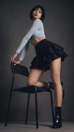 Woman with short black hair in a ruffle skirt and cropped top posing on a chair