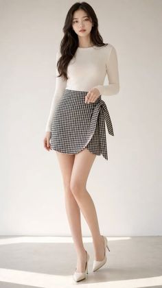 Woman in a white long-sleeve top and houndstooth skirt with high heels