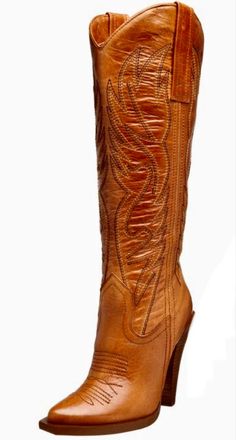 Brown leather cowboy boot with a high heel and embroidered details