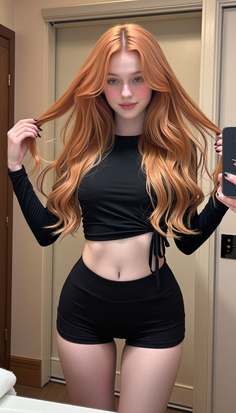 Woman with long red hair in a black crop top and shorts taking a mirror selfie
