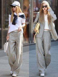 Woman in two different outfits featuring pinstripe wide-leg pants on a street