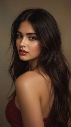 Woman with long dark hair and red lipstick looking over her shoulder