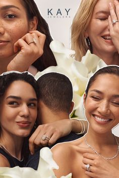 Collage of people wearing various jewelry, including engagement rings and wedding bands