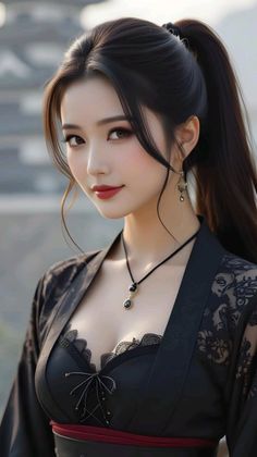 Woman with black hair in a kimono and lace top, showing cleavage