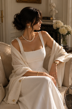 Woman in a white dress and pearl necklace sitting indoors with soft lighting