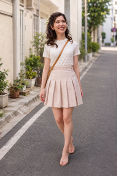 Woman in a white top and pleated skirt walking on a street