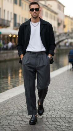 Man in black sunglasses and casual attire walking on a cobblestone path next to a canal