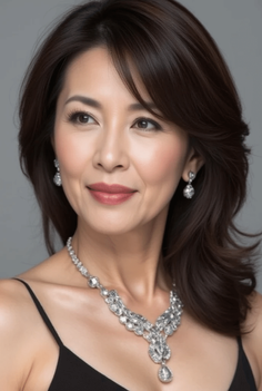 Woman with dark hair wearing a black top and sparkling jewelry
