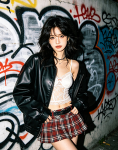 Woman in a black leather jacket and plaid skirt posing against a graffiti wall