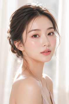 Woman with an updo hairstyle and bare shoulders in soft lighting