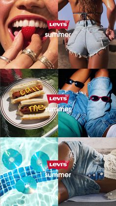 Collage of summer-themed images including people in denim shorts and hot dogs