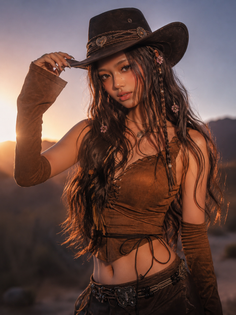 Woman in a cowboy hat and suede top in a desert at golden hour